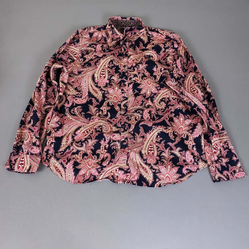 Chaps No Iron Button Down Shirt Womens XXL Navy Pink Paisley Long Sleeve Cotton